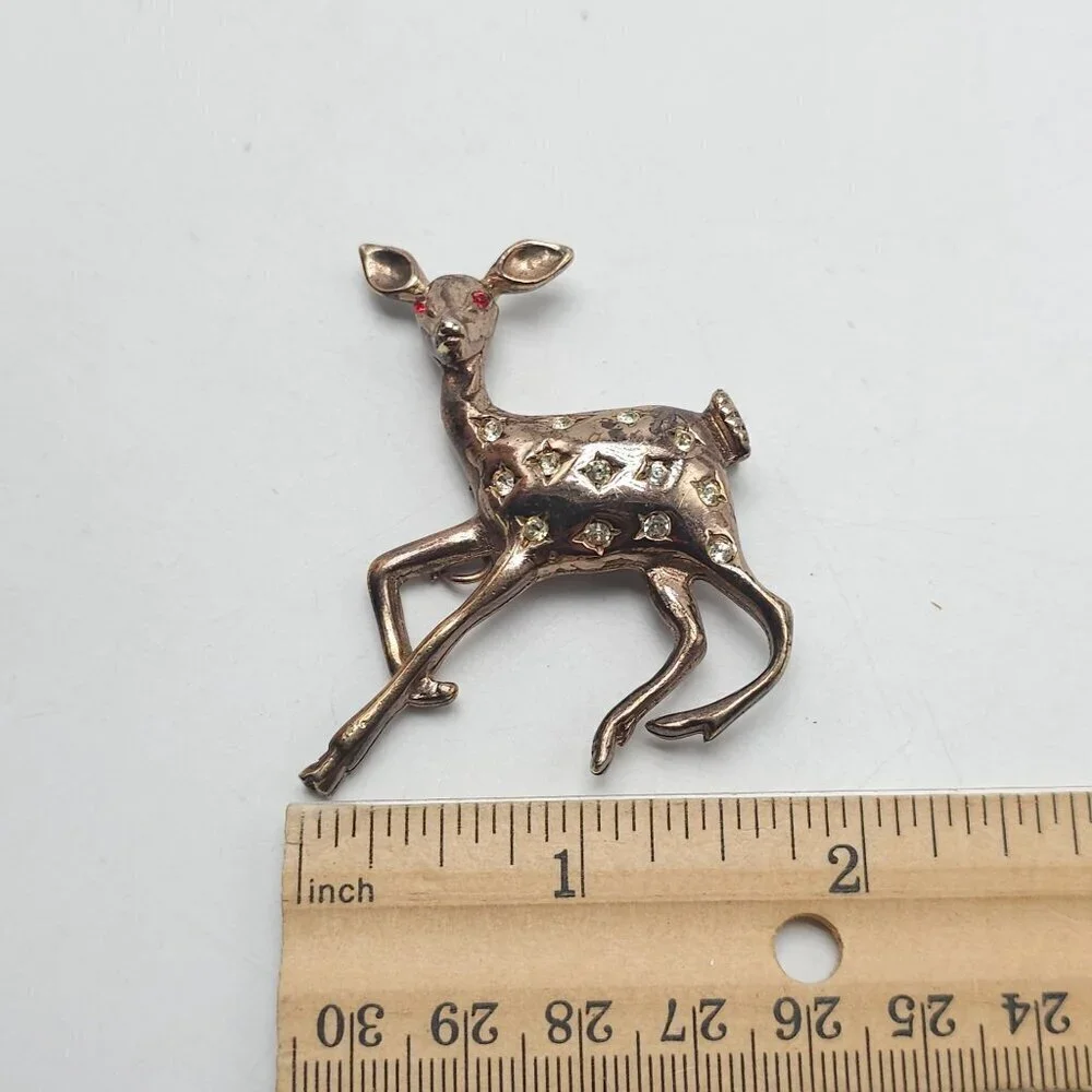 Vintage Copper Fawn Deer Brooch With Rhinestones Red Eyes LOOK AT ALL PICS